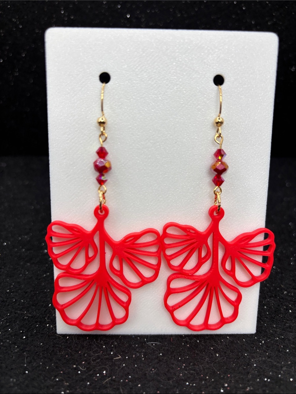 Crimson Fan Leaf Earrings | Red Ginkgo Leaf Dangle Earrings with Crystal Beads - Picture 4 of 4
